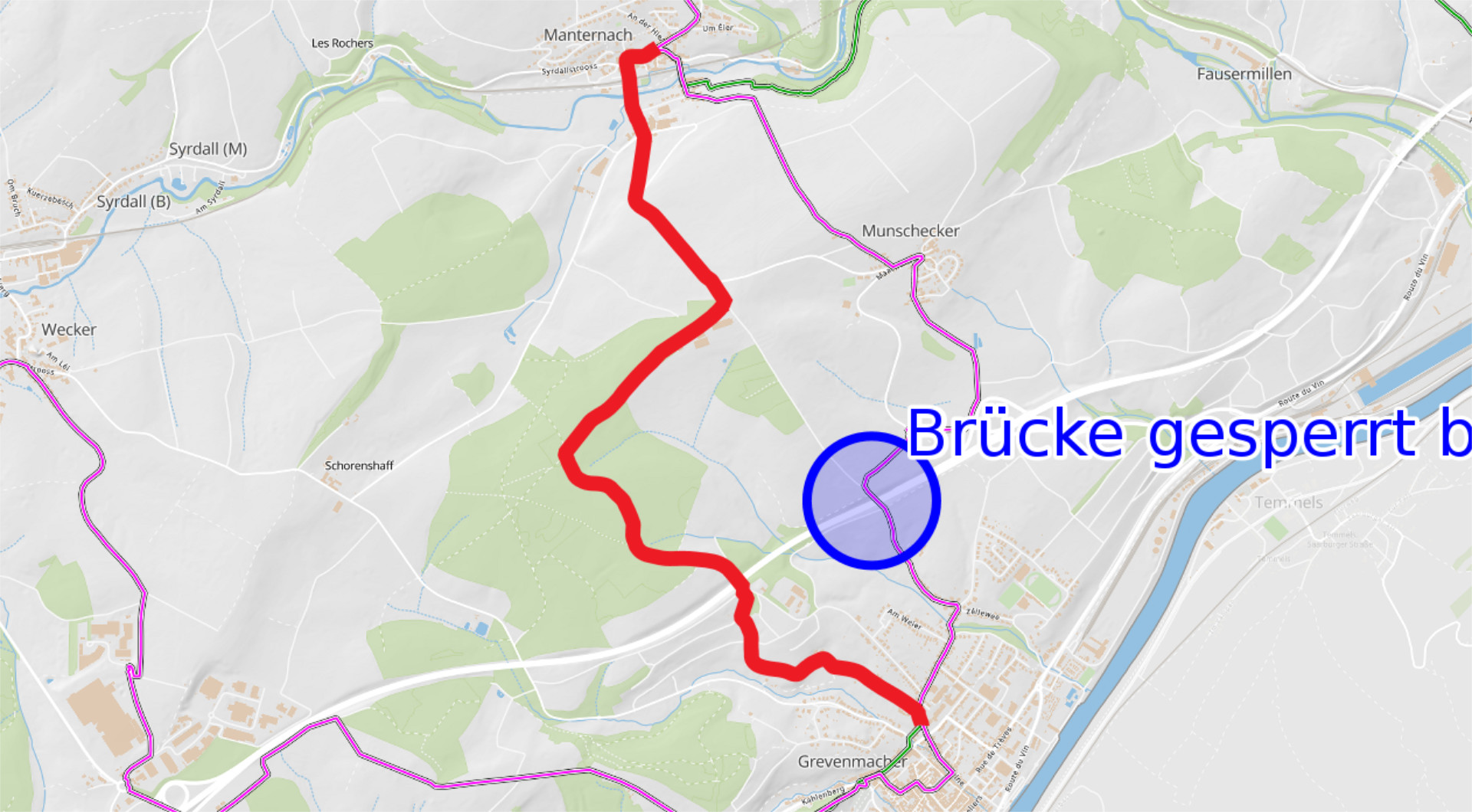 Wegen Baustelle Umleitung des Jakobsweges vor der Ortschaft Betzdorf